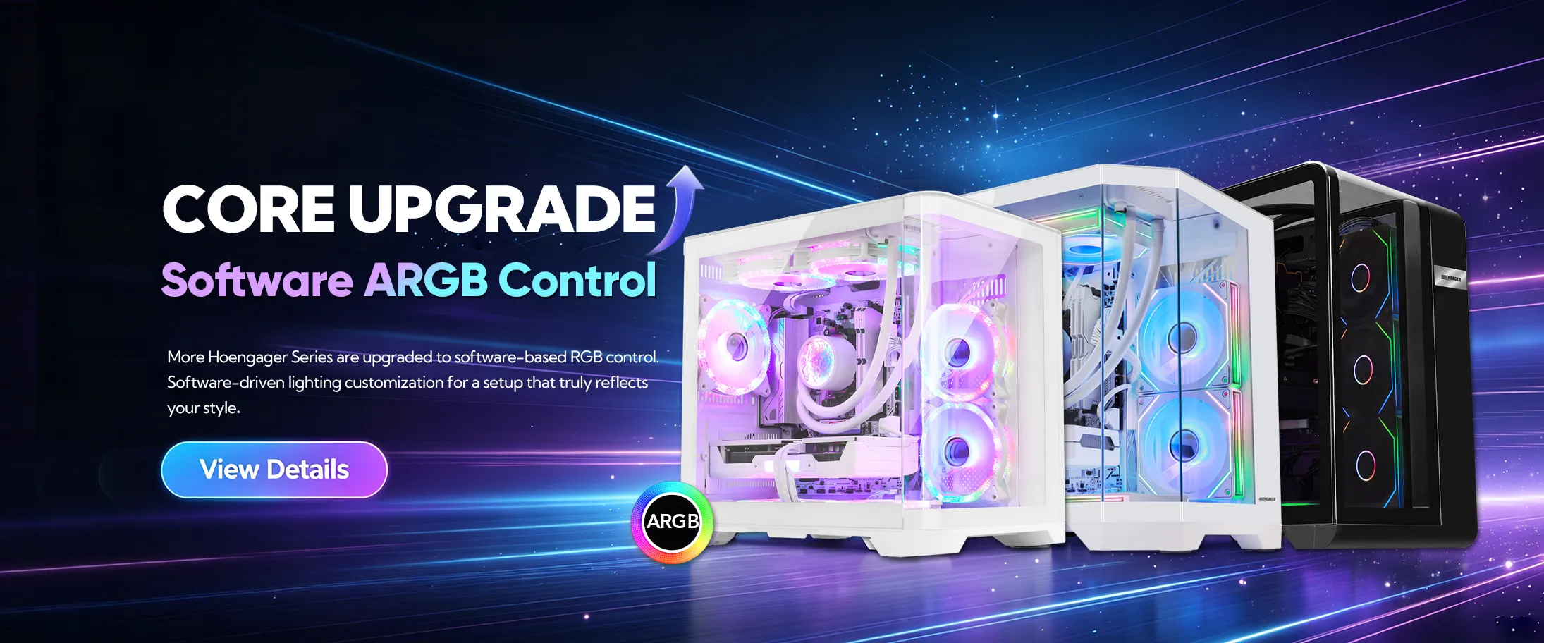 HOENGAGER Gaming PC promotional banner featuring Software RGB control, Core Upgrade and remotely controlled ARGB lighting