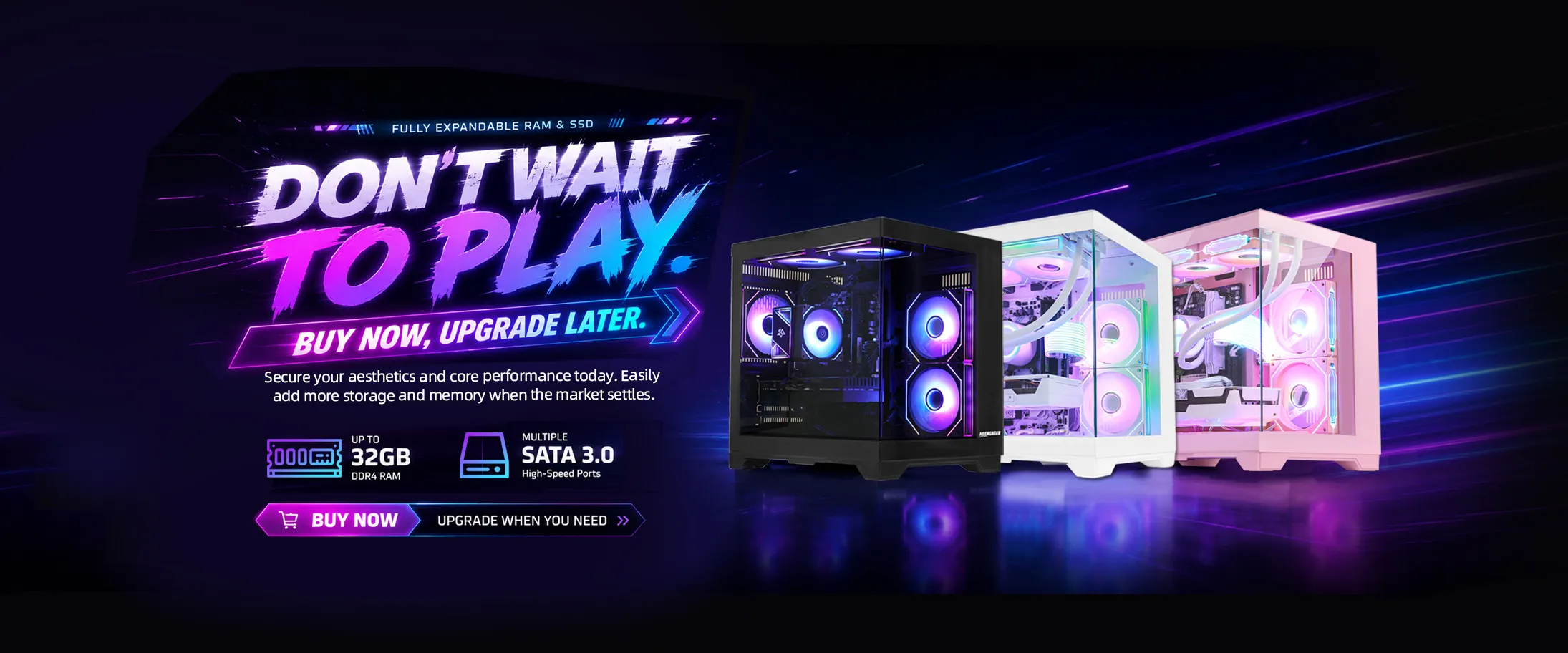 HOENGAGER Gaming PC promotional banner highlighting buy now and upgrade later with future PC expansion potential