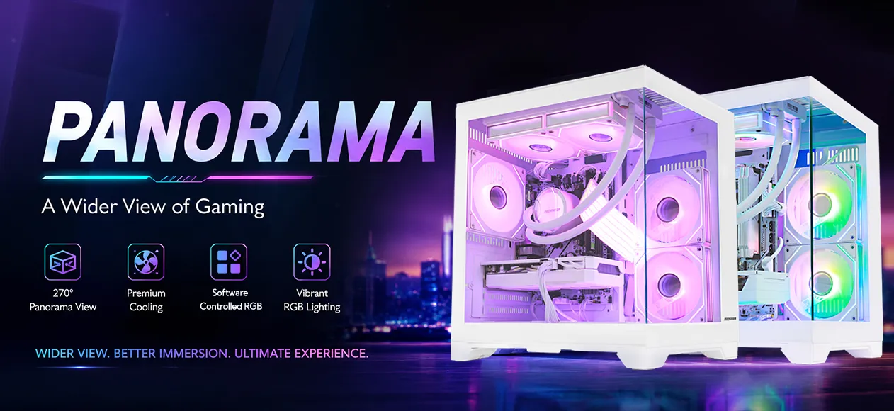HOENGAGER Panorama Gaming PC series showcase with panoramic case design
