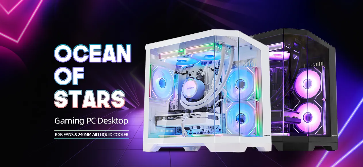 HOENGAGER gaming desktop PC series showcase with RGB aesthetic design